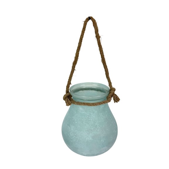 India House Decorative Candle Lantern, Frosted Blue Glass Hanging Lantern with Rope Handle