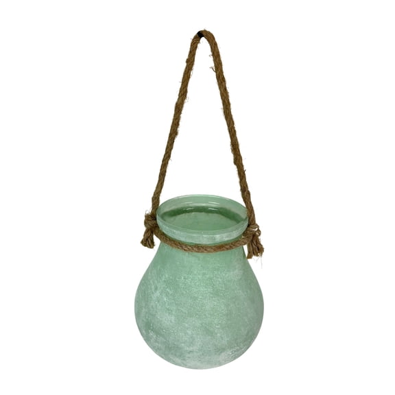 India House Hanging Glass Lantern, Frosted Green Bulb Vase with Rope Handle, 15.75 In