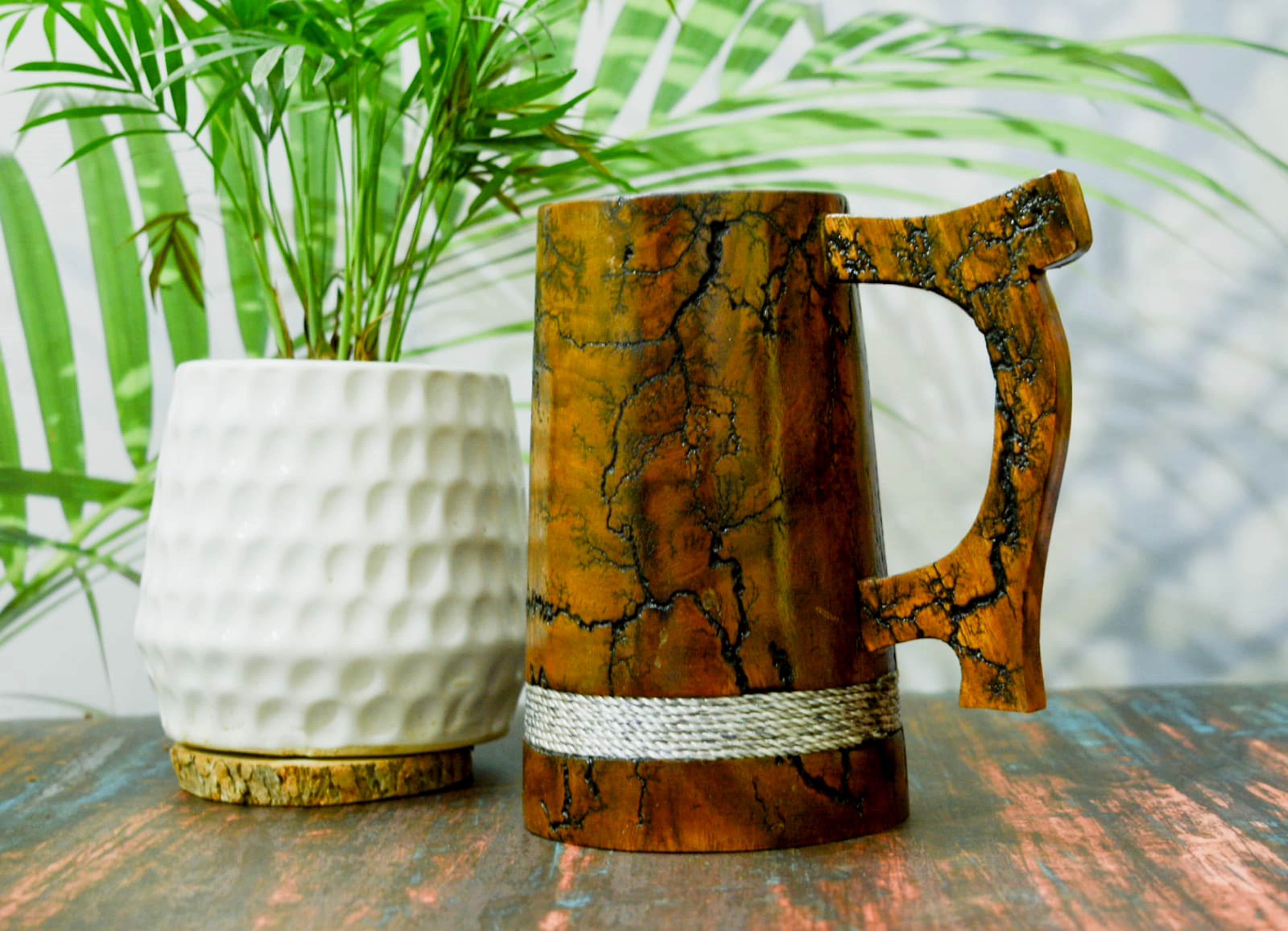India House Lichtenberg Burning Wooden Beer Mugs, Handmade Groomsmen