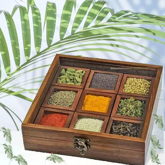 India House Masala Dabba, Brown Rosewood Wooden with Lid and Spoon Spice Food Storage Jars (9 Count)