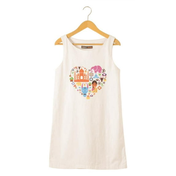 India Icons Heart Printed Vintage 100% Cotton Linen Mini Shift Dress WDS_01 12
