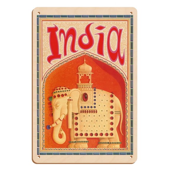 India - Indian Elephant with Howdah (Carriage) - Vintage Travel Poster by David Klein c.1960s - 8 x 12 inch Vintage Wood Art Sign