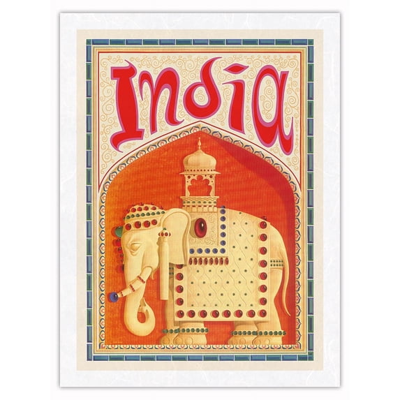 India - Indian Elephant with Howdah (Carriage) - Vintage Travel Poster by David Klein c.1960s - Japanese Unryu Rice Paper Art Print 24 x 32 in
