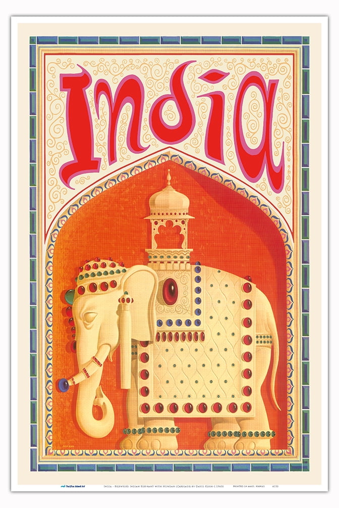 India Indian Elephant with Howdah (Carriage) Vintage Travel Poster