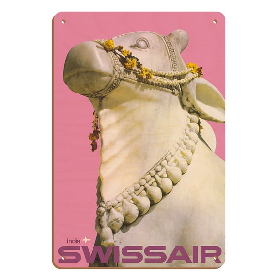 India - Indian Nandi Sacred Cow Statue - Swissair - Vintage Travel Poster by Manfred Bingler c.1964 - 8 x 12 inch Vintage Wood Art Sign