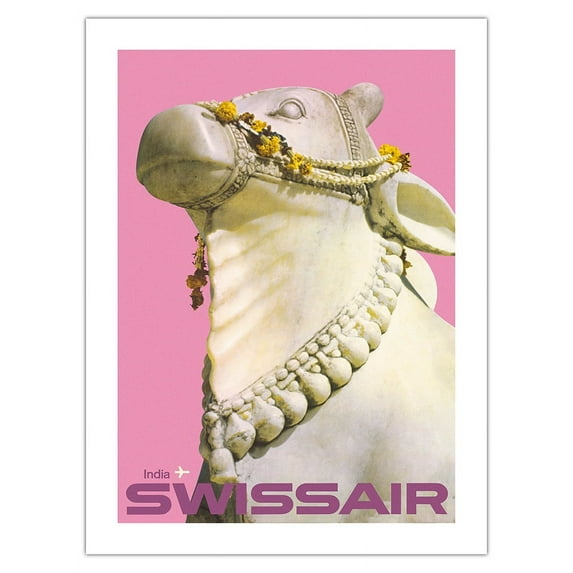 India - Indian Nandi Sacred Cow Statue - Swissair - Vintage Travel Poster by Manfred Bingler c.1964 - Fine Art Matte Paper Print (Unframed) 18x24in