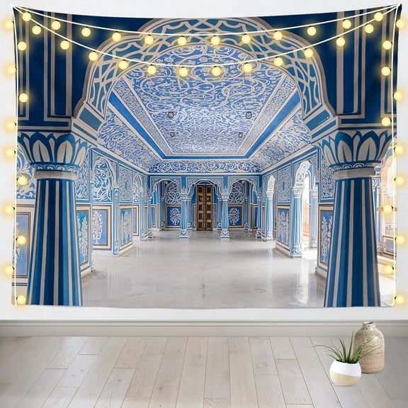 India Jaipur City Palace Interior Wall Tapestry Vintage Blue Religious Architecture 80 x 60 Inch for Bedroom Living Room Dorm Decor