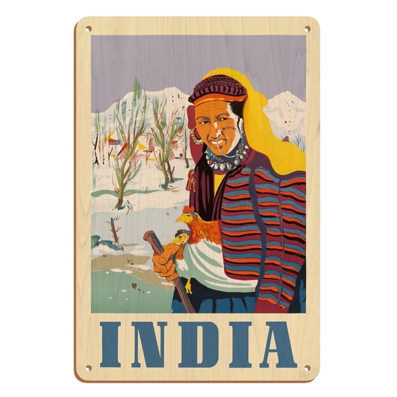 India - Kashmir Native Woman - Vintage Travel Poster c.1950s - 8 x 12 inch Vintage Wood Art Sign