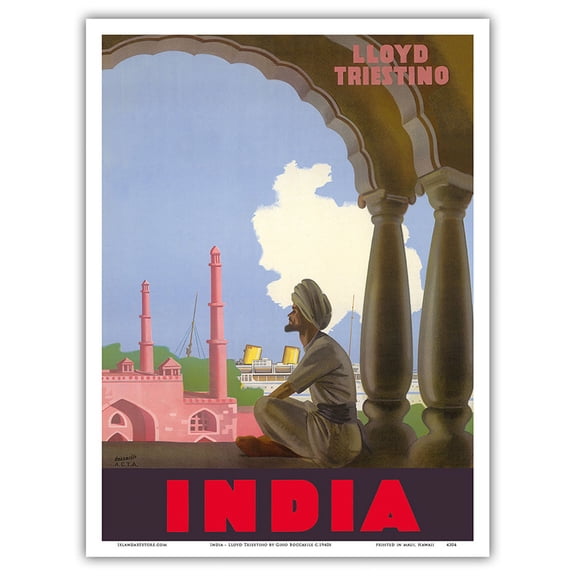 India - Lloyd Triestino Italian Shipping Company - Vintage Ocean Liner Travel Poster by Gino Boccasile c.1940s - Master Art Print (Unframed) 9in x 12in