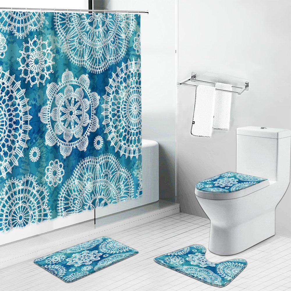 India Mandala Flower Geometric Print Shower Curtain Set Bohemian Modern Bathroom Decor Screens Bath Mat Carpet Toilet Cover Rug