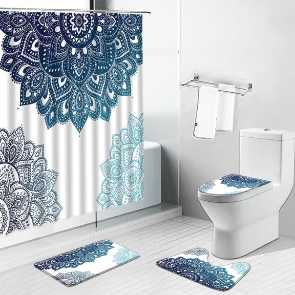 India Mandala Flower Geometric Print Shower Curtain Set Bohemian Modern Bathroom Decor Screens Bath Mat Carpet Toilet Cover Rug