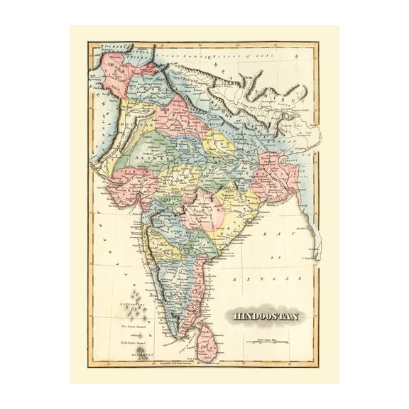 India Map, 1823 Vintage Map of India History Wall Decor Gift, Old India Map - 18" x 24" Unframed Print