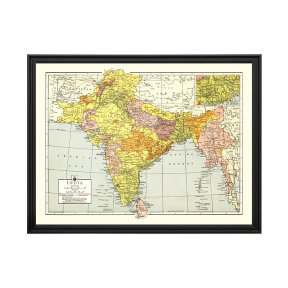 India Map, 1943 Vintage Map of India History Wall Decor Gift, Old India Map - 24" x 18" Black Framed Print