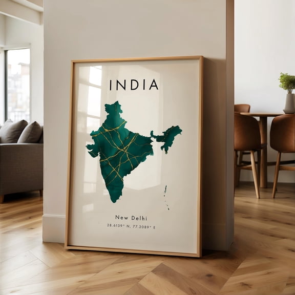 India Map PRINTED Poster Green and Gold Asia Wall Art Print Home Decor Geography Map Gift Wallpaper