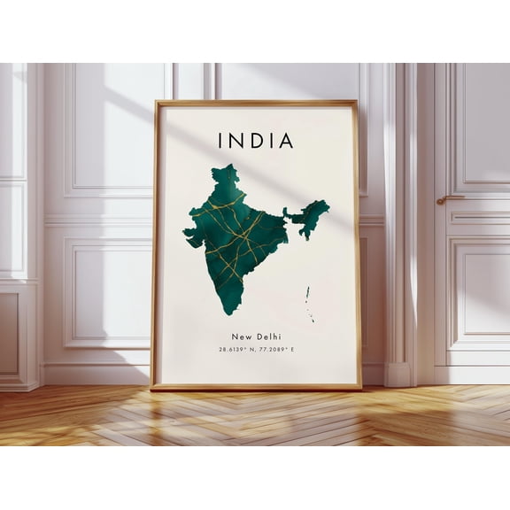 India Map Poster Green and Gold Asia Wall Art Print Home Decor Geography Map Gift Wallpaper