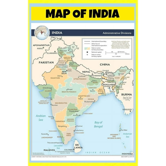 India Map Poster - Laminated Wall Map - 36x60 - Ideal for Classrooms and Homes – Features Bright Colors and Vivid Imagery