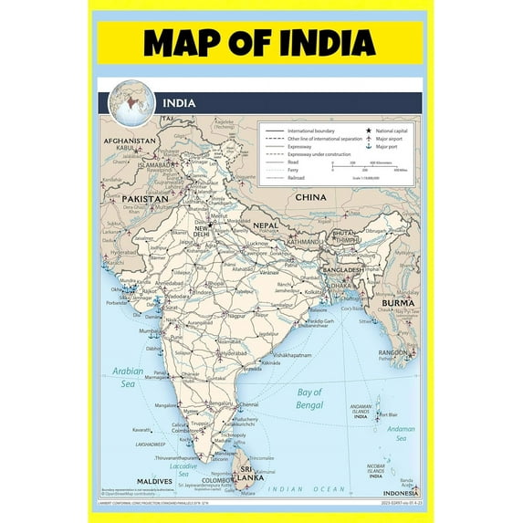 India Map Poster - Laminated Wall Map - Style A - 36x60 - Ideal for Classrooms and Homes – Features Bright Colors and Vivid Imagery