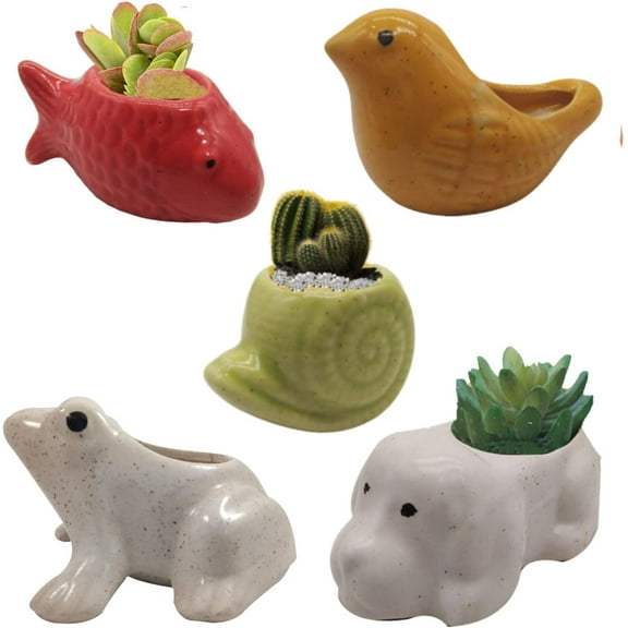 India Meets India Ceramic Flower Pot Planter Plant Pot Indoor Planter Handicraft by Awarded Indian Artisan (Dog, Sheep, Bird, Fish and Elephant (Set of 5))