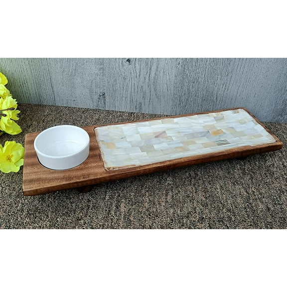 India Meets India Acacia Wood Serving Tray w/ Sea Shell Base [Brown], Wooden Serving Tray for Fruits, Salad, Snacks, Platters, Tikka's, Serving Tray w/ Plastic (BPA Free) Bowl 3", Tray 16 x 5 x 1.5 IN