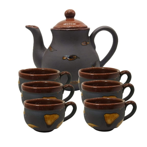 India Meets India Black Ceramic Tea Pot Kettle 27 Oz Set of 6 Ceramic Tea Cups Indian Handicraft Perfect Gift Pack