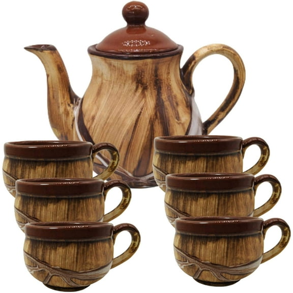 India Meets India Brown Ceramic Tea Pot Kettle 27 Oz Set of 6 Ceramic Tea Cups Indian Handicraft Perfect Gift Pack