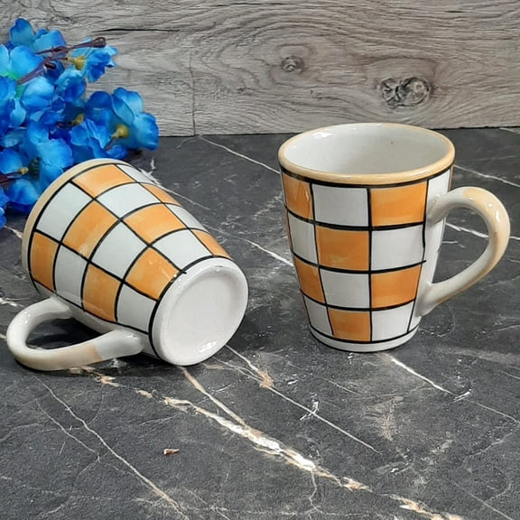 India Meets India Ceramic Coffee/Tea/Latte/Cappuccino Mugs [White & Orange], Stone Pattern Hand-painted Ceramic Coffee/Tea Mugs for Hot & Cold Beverages, Set of 2 Novelty Mugs, 8oz (250 ML)