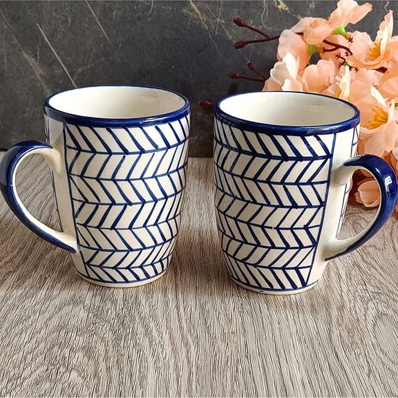India Meets India Ceramic Coffee/Tea/Latte Mugs [White], Indigo Chevron Hand-painted Ceramic Coffee/Tea Mugs for Hot & Cold Beverages, Set of 2 Novelty Mugs, 10 OZ (300 ML)