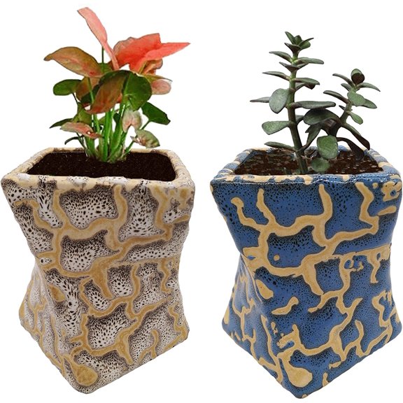 India Meets India Ceramic Flower Pot Planter Pot Indoor Outdoor Planter Handicraft by Awarded Indian Artisan (Cream & Blue, Set of 2)