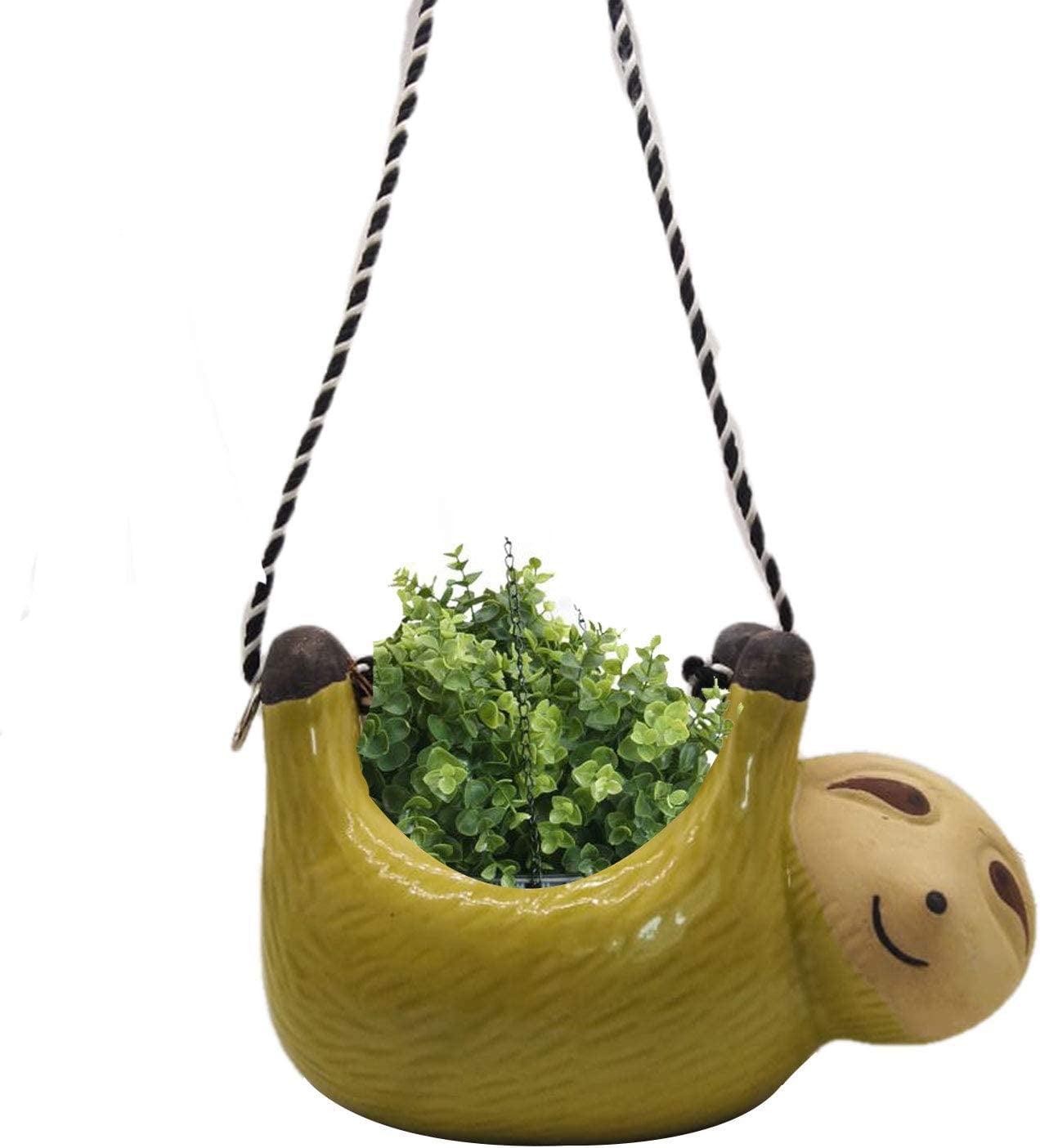 India Meets India Ceramic Hanging Planter Pot Flower Pot Indoor Planter Handicraft by Awarded Indian Artisan (Sloth, Green)