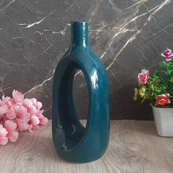 India Meets India Ceramic Vase Turquoise Modern Minimalistic Hollow Design Decorative Pampas Dried Flowers Vase for Home DecorationLiving RoomBedroomOfficeTableBookshelf 11 INCHES
