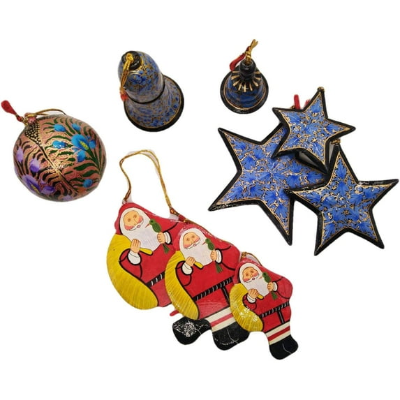 India Meets India Christmas Handicraft Ornaments New Year Birthday Decorations Ball, Bells, Stars and Santa Set, Made by Awarded Indian Artisans (Blue)