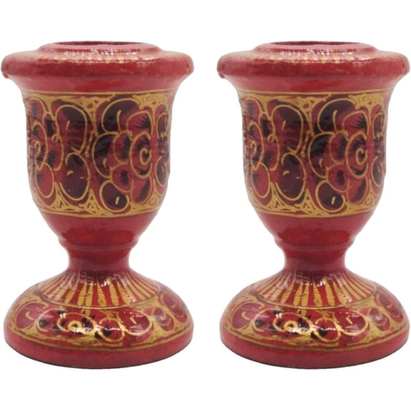 India Meets India Christmas Handmade Papier Mache Candlestick Stand Set of 2, Pillar Candle Holder, Best for Gifting, Made by Awarded Indian Artisans (Red)