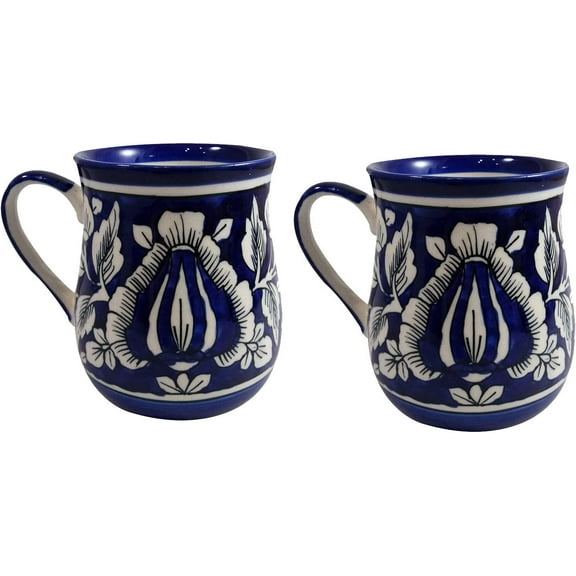 India Meets India Coffee Mug/Cup Ceramic Handmade | Khurja Pottery | 250 ml (Blue & White, 2)