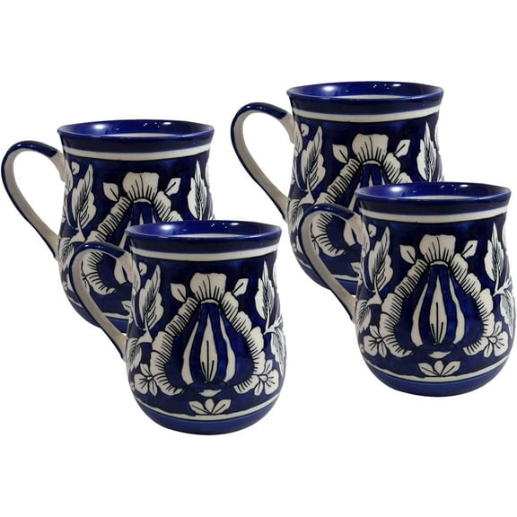 India Meets India Coffee Mug/Cup Ceramic Handmade | Khurja Pottery | 250 ml (Blue & White, 4)
