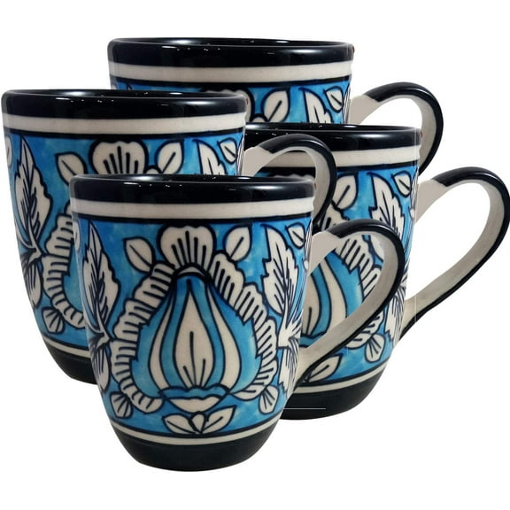 India Meets India Coffee Mug/Cup Ceramic Set of 4 Handmade | Khurja Pottery | 250 ml (Sky Blue, Black & White-1)