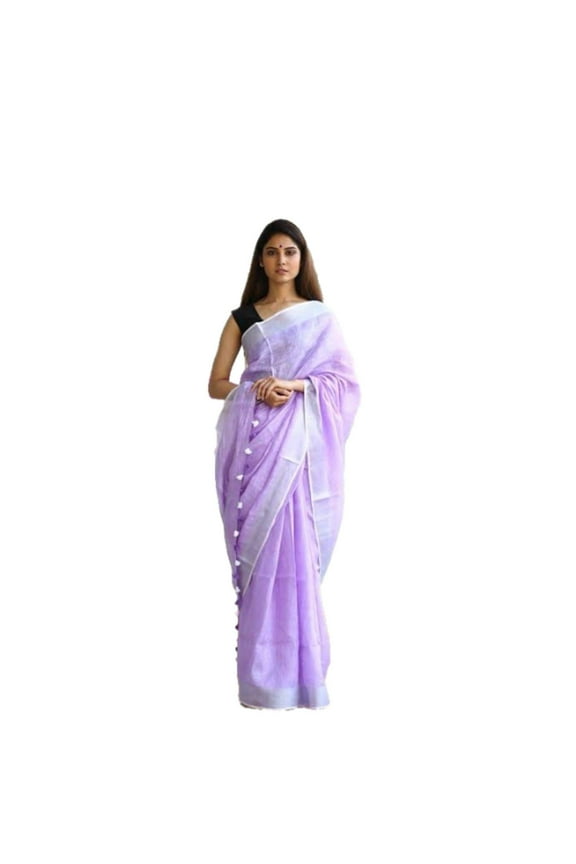 Ethnic Indian Women's Bhagalpuri Handloom Cotton Linen Saree with Running Blouse (Light Purple)