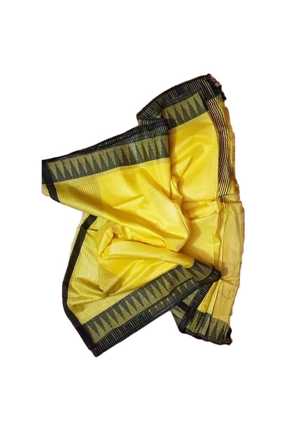 Ethnic and Traditional Indian Saree [Yellow Saree w/Black Border] - Bhaglpuri Kota Silk Saree w/Temple Border and Tussels