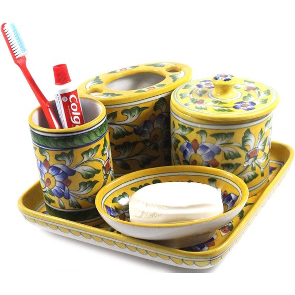 India Meets India Handicraft Ceramic Bathroom Accessories Set-Soap Dish, Liquid Dispenser, Toothbrush Holder Set, Tray, Cotton Ball Holder with lid, Best Gifting, Made by Awarded- Indian Artisan