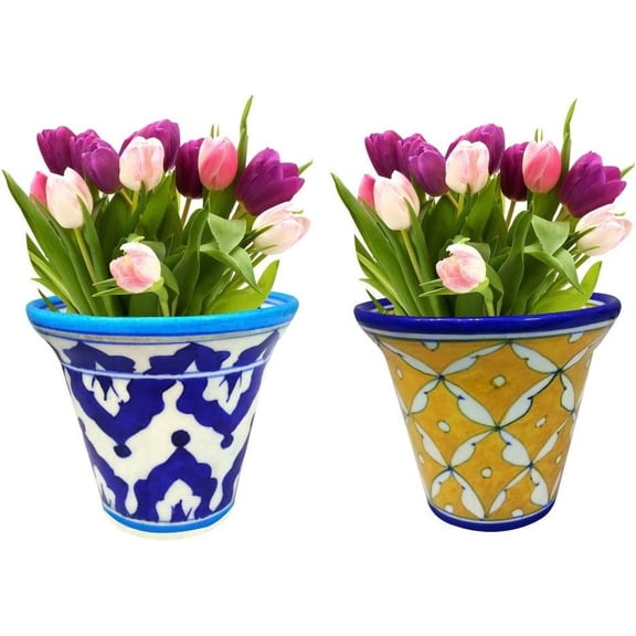 India Meets India Handicraft Ceramic Flower Planter Set of 2, eco Friendly Pot Decorative Home, Offices, Garden, Best Gifting, Made by Awarded Indian Artisans