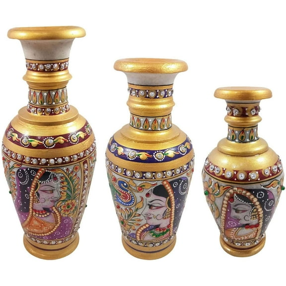 India Meets India Handicraft Flower Vase Set of 3 with Antique Design Decorative Home, Offices, Best Gifting, Made by Awarded Indian Artisan