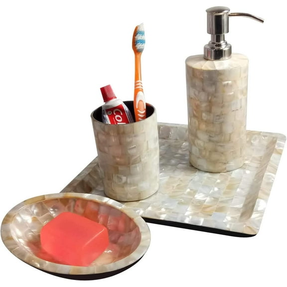 India Meets India Handicraft Seashell Bathroom Accessories Set-Soap Dish, Liquid Dispenser, Toothbrush Holder Set, Best Gifting, Made by Awarded- Indian Artisan
