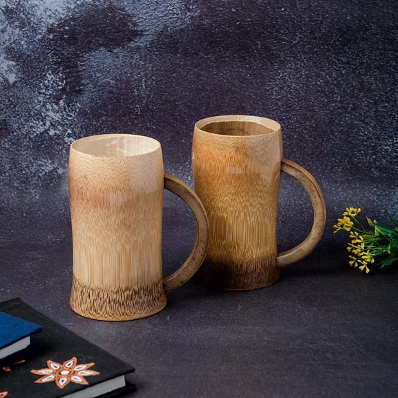 India Meets India Handmade Bamboo Plain Beer/Coffee/Tea Mugs w/ Thin & Smooth Edges Bamboo Beverages Cup w/ Strong Handle, Set of 2 Bamboo Beer/Coffee/Tea Mugs, 350 ML