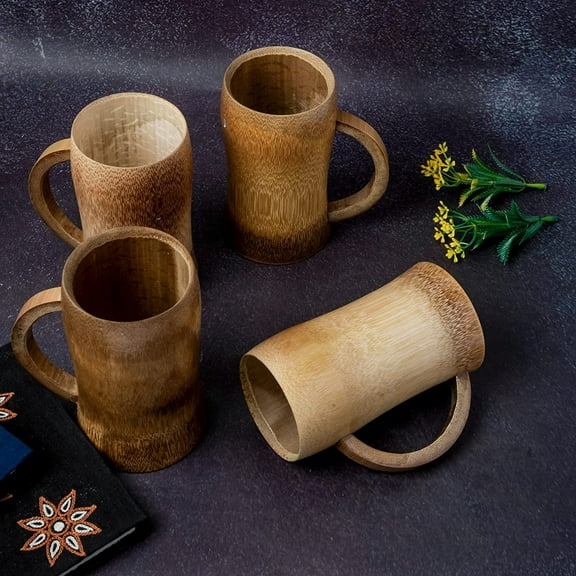 India Meets India Handmade Bamboo Plain Beer/Coffee/Tea Mugs w/ Thin & Smooth Edges Bamboo Beverages Cup w/ Strong Handle, Set of 4 Bamboo Beer/Coffee/Tea Mugs, 350 ML
