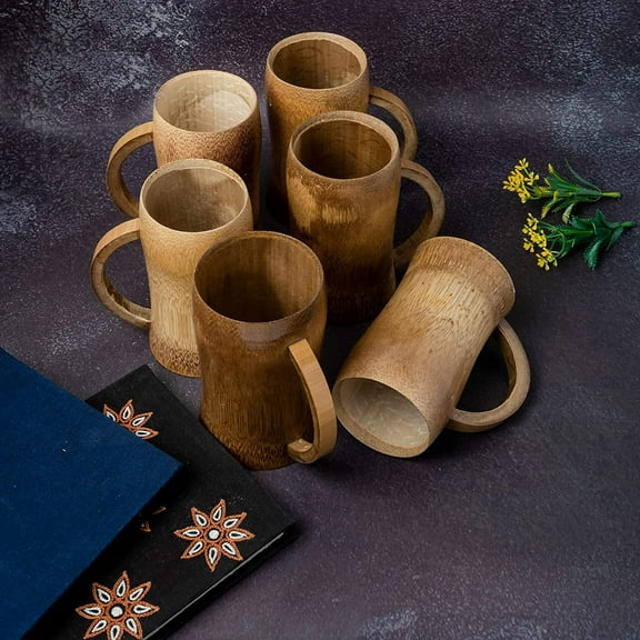 India Meets India Handmade Bamboo Plain Beer/Coffee/Tea Mugs w/ Thin & Smooth Edges Bamboo Beverages Cup w/ Strong Handle, Set of 6 Bamboo Beer/Coffee/Tea Mugs, 350 ML