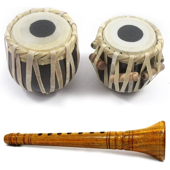 India Meets India Handmade Miniature Musical Instrument Set - Clarinet 8.5" and Tabla Drum 4" [Mango Wood - BROWN & YELLOW] - Decorative Tabla Set - Best Gift Made By Awarded Indian Artisan