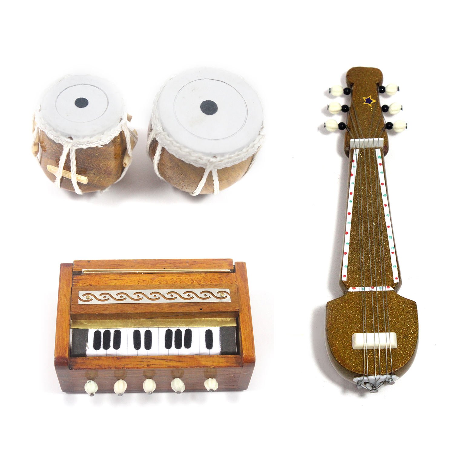 India Meets India Handmade Miniature wooden fridge magnets Sarod, Tabla Set, Harmonium (Set of 3) best gifting showpiece indian musical instruments