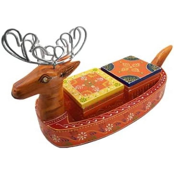 India Meets India Handmade Wooden Deer Shaped Serving Tray w/ Hand Painted [Orange], Kitchen/Table & Home Decor/Dinning/Gifts/Restaurants/Living Room/Coffee Table with Set of 2 Candy Box/Containers
