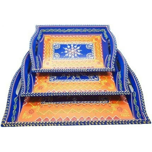 India Meets India Handmade Wooden Serving Tray w/ Meenakari and Crystal Stone Artwork [Blue], Kitchen/Table & Home Decor/Dinning/Gifts/Restaurants/Living Room/Coffee Table, Set of 3