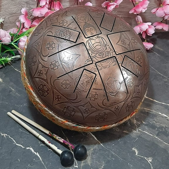 India Meets India Metallic Tongue Drum Oxidized Copper Finish, Engraved Buddha Tongue Drum w/ 8 Notes Drum, Hand Pan Drum w/ 2 Mallets and Carry Bag, 10 INCH Tongue Drum, Tongue Drum for Meditation