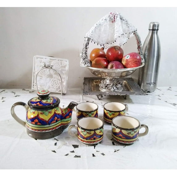 India Meets India Multi color Ceramic Tea Pot Kettle 20 Oz & 4 Tea Cups Floral Handpainted Indian Handicraft Perfect Gift Pack